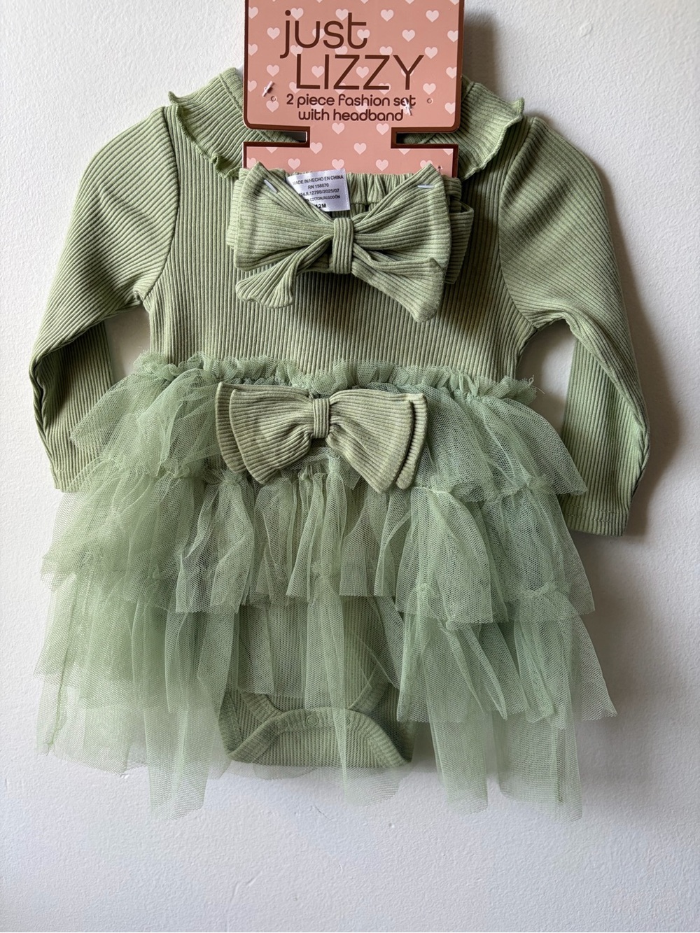 Just Lizzy Olive Green Ruffle Tulle Baby Dress with Headband